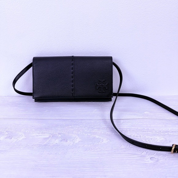 NWT Tory Burch McGraw Wallet Crossbody Bag Black Leather Clutch Pebbled Flap